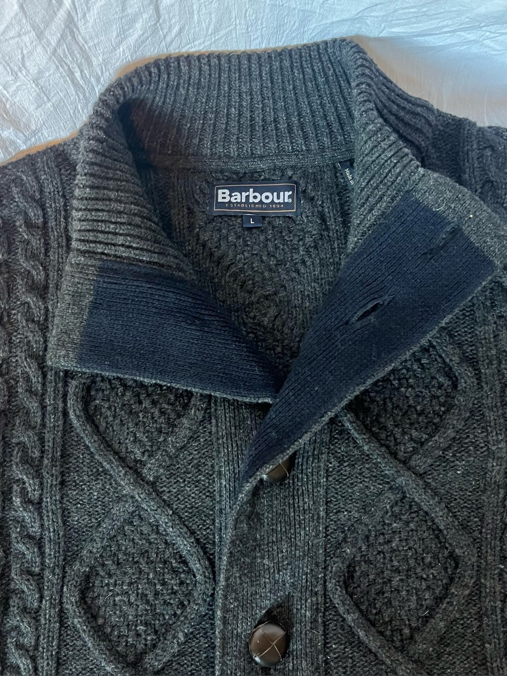 Barbour Men's Chunky Cable Knit Cardigan Sweater L Charcoal Gray Leather Trim
